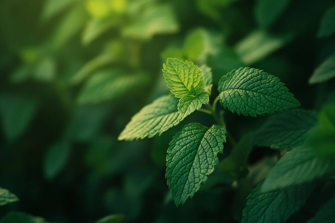 Detailní záběr na listy meduňky lékařské, která je známá pro své uklidňující účinky a použití v bylinkové medicíně a aromaterapii.