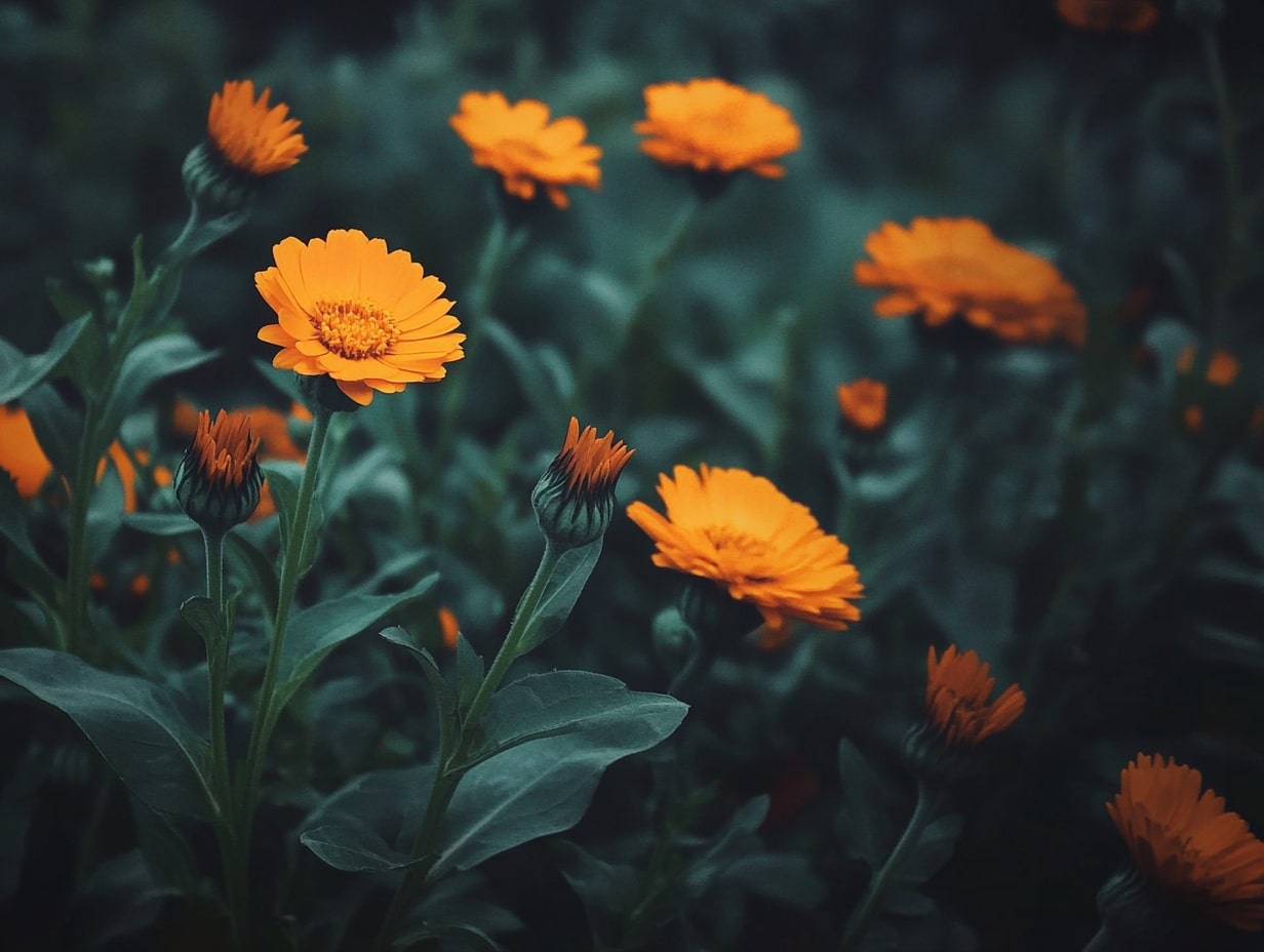 Měsíček lékařský (Calendula officinalis) – kvetoucí bylina se zářivě oranžovými květy na slunném záhonu, obklopená zelenými listy.