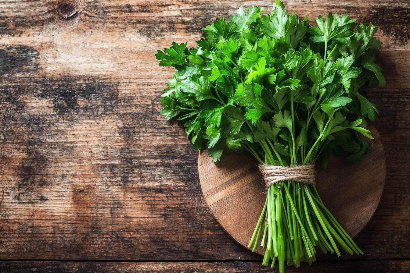 Svazek čerstvé petržele na dřevěném prkénku – aromatická bylina bohatá na vitamín C, železo a antioxidanty, známá pro své léčivé účinky na trávení, detoxikaci a podporu imunity.