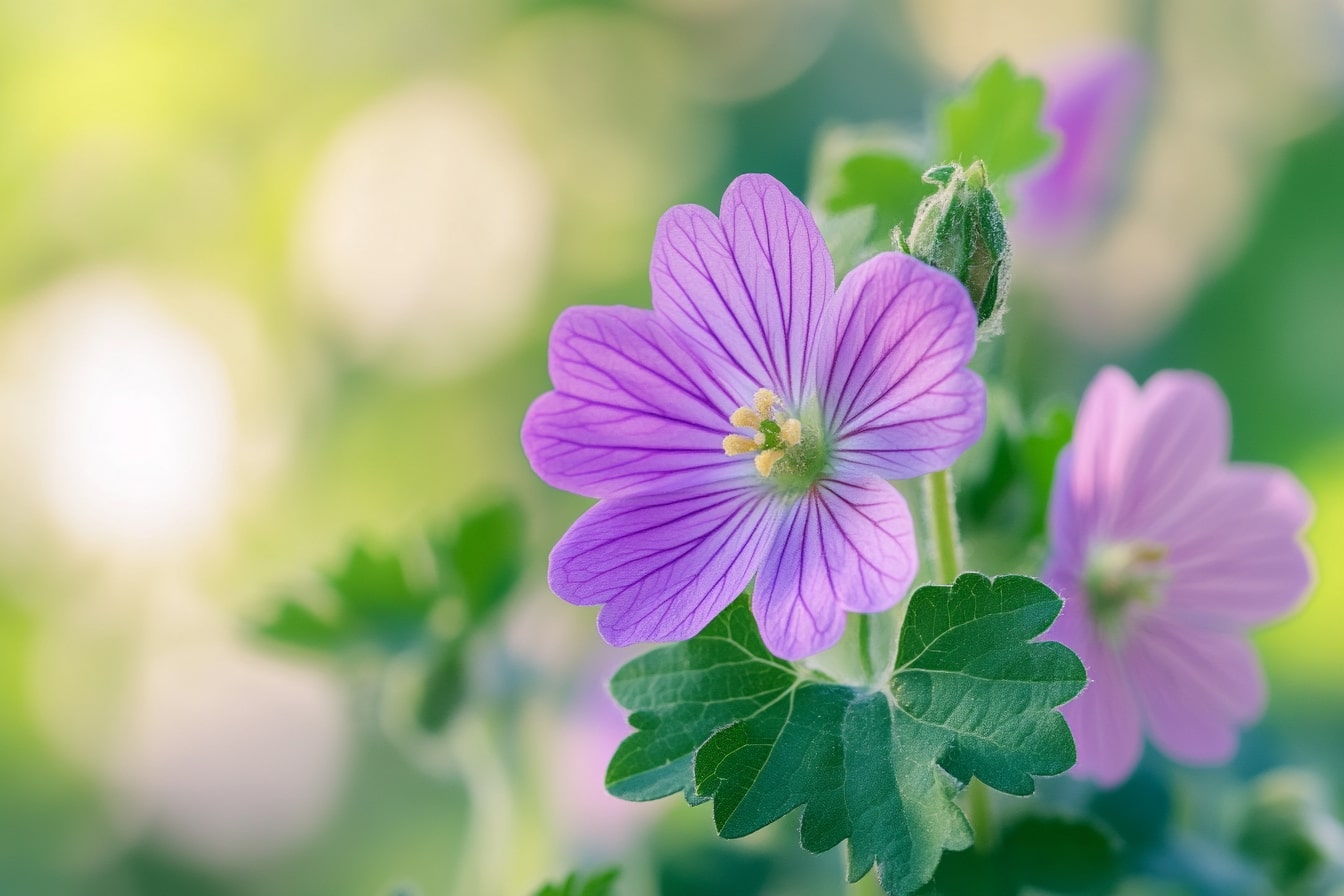 Sléz lesní (Malva sylvestris) – vytrvalá bylina s fialovými květy a dlanitými listy, známá pro své zklidňující účinky na dýchací cesty, trávení a pokožku.