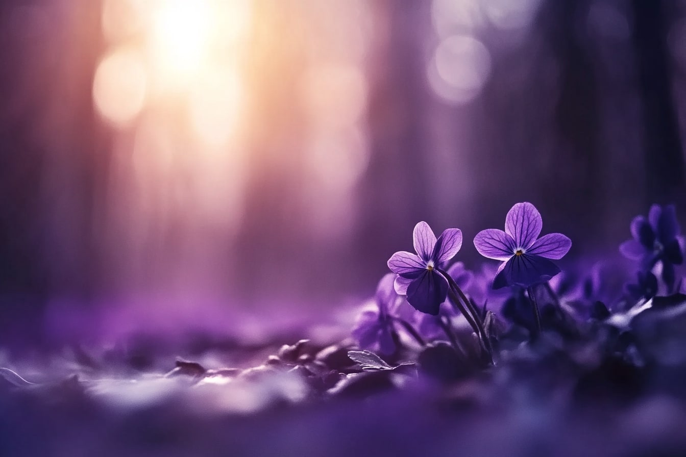 Violka vonná (Viola odorata) v přírodě – detail drobných fialových květů vhodných k léčbě kašle, stresu a zánětů