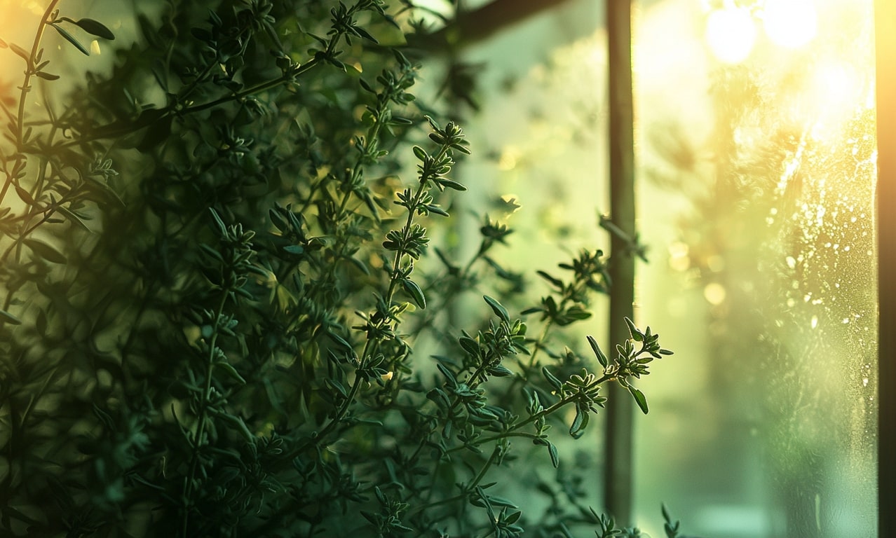 Čerstvá bylinka tymiánu (Thymus vulgaris) v truhlíku, známá pro své zdravotní přínosy a použití v kuchyni, léčitelství a kosmetice.