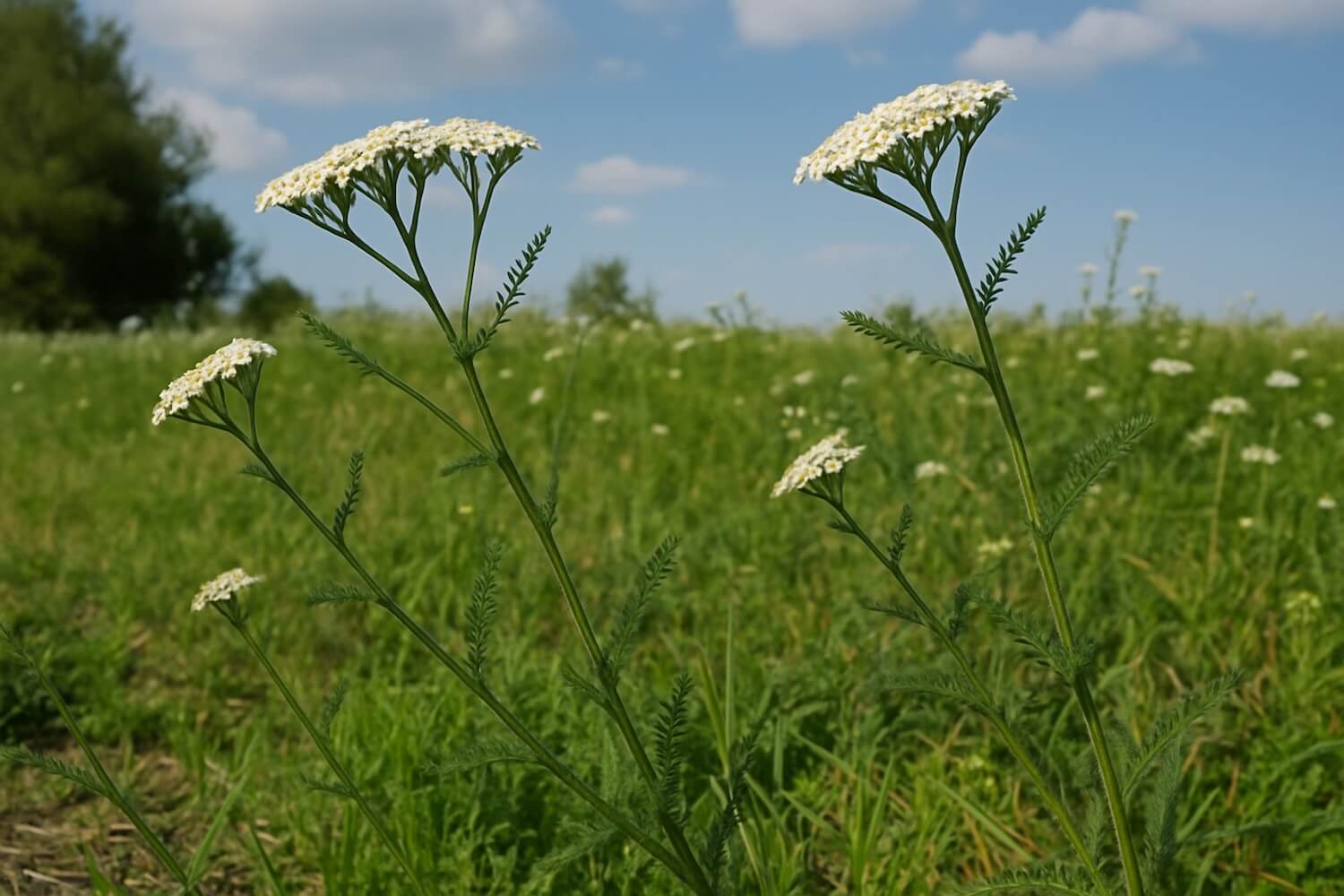 Řebříček obecný (Achillea millefolium) – detail květenství bílé léčivé byliny rostoucí na louce, vhodné na trávení, menstruaci a hojení ran