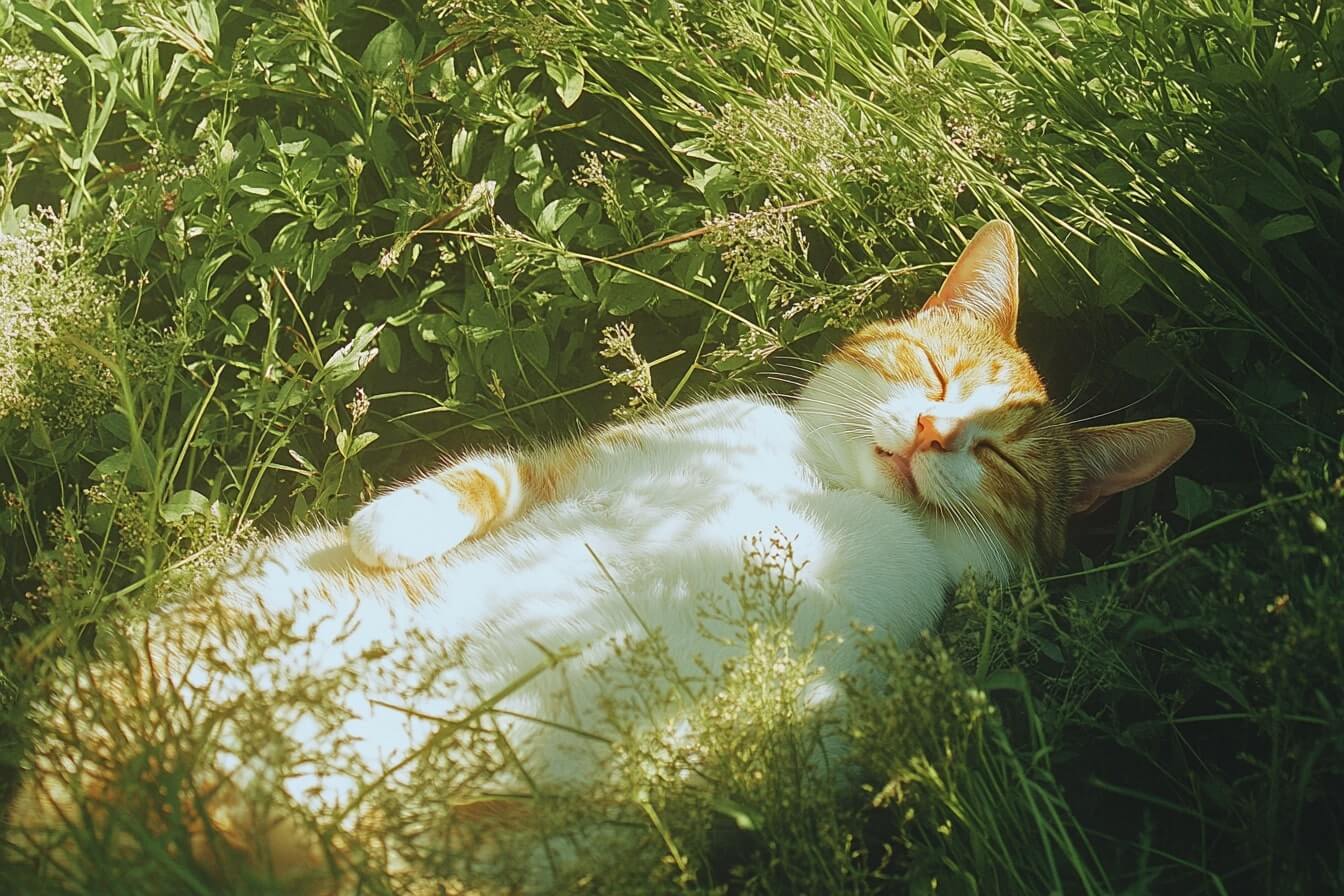 Kočka ležící v trávě, uvolněná a spokojená díky CBD pro kočky – přírodní podpora zdraví, klidu a pohody vašich mazlíčků.
