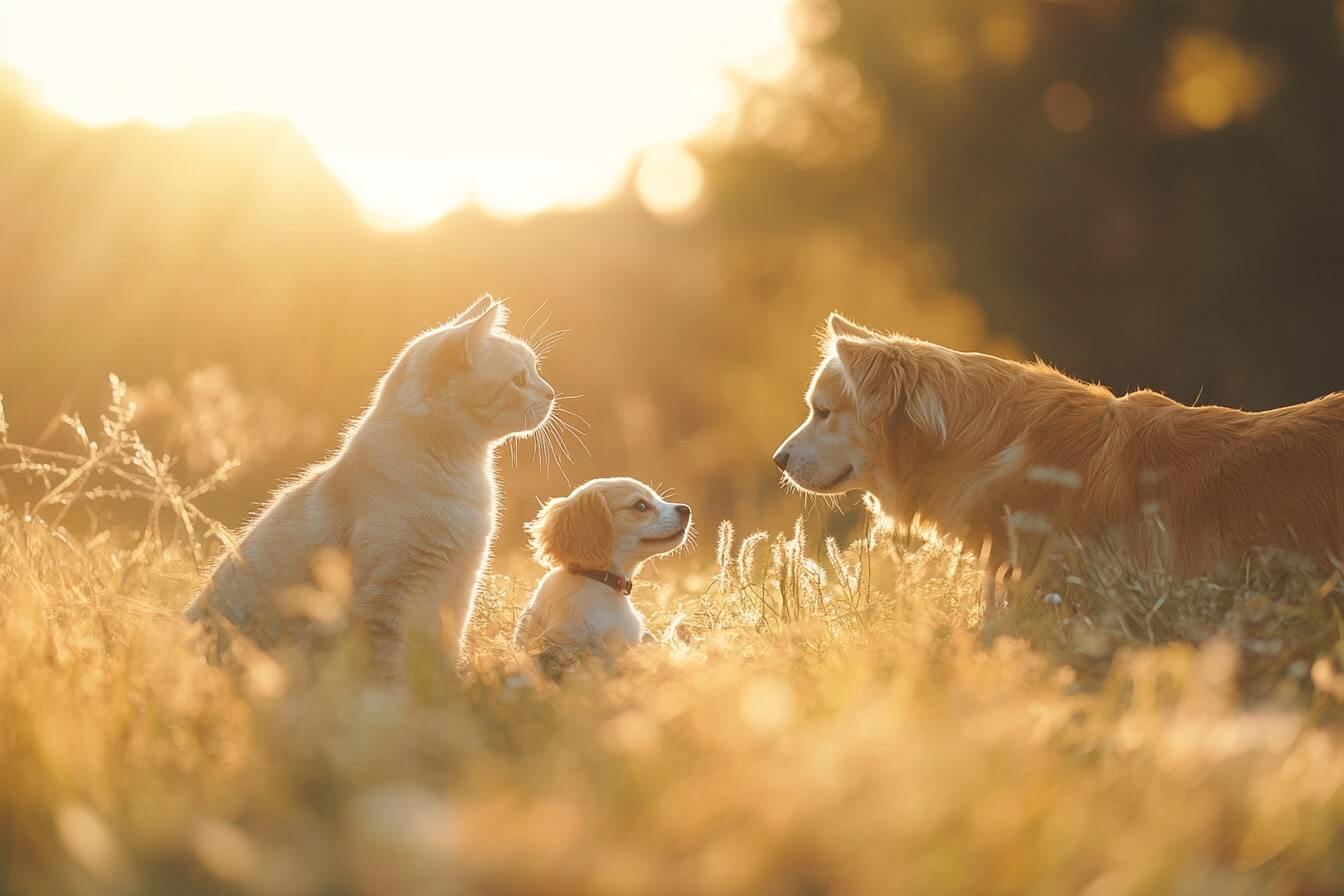 Šťastná zvířata – psi a kočka – odpočívající v klidu díky přirozené podpoře CBD. Kvalitní přírodní péče pro zdraví a pohodu vašich mazlíčků.