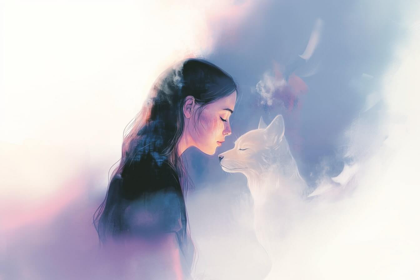 Ilustrace ženy a duše jejího psa