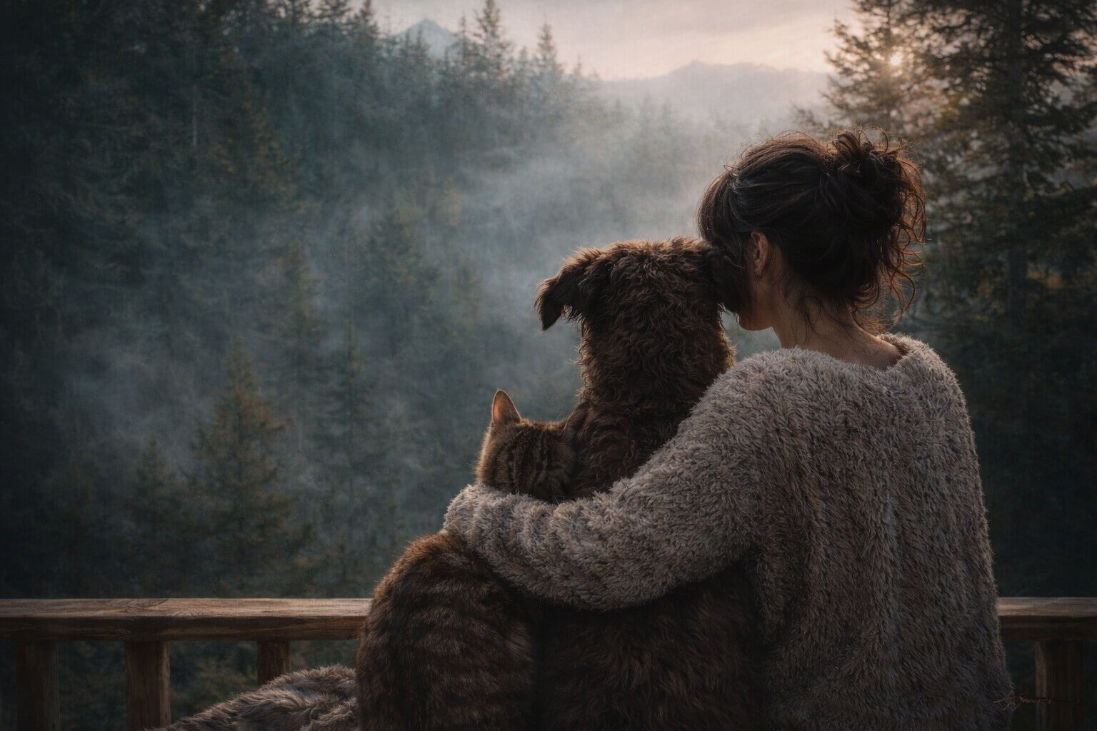 Jak naslouchat svému zvířeti — žena v harmonii s kočkou a psem