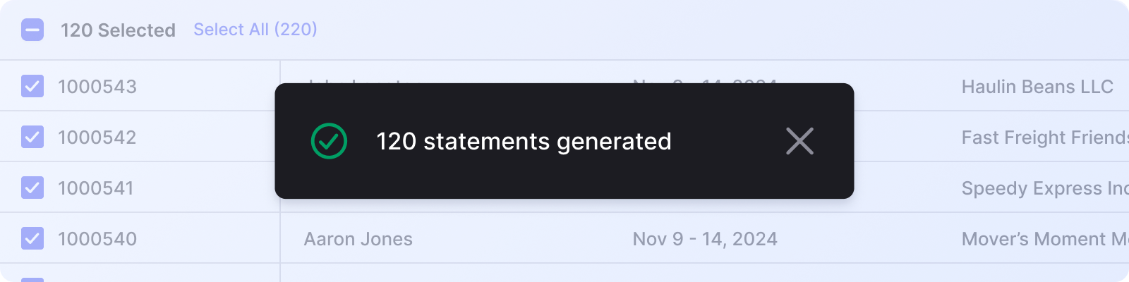 driver settlements bulk generation alvys tms