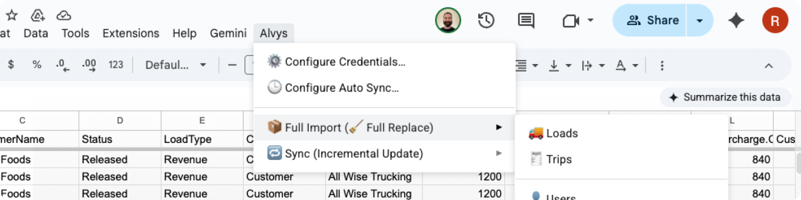 google sheets connector tms