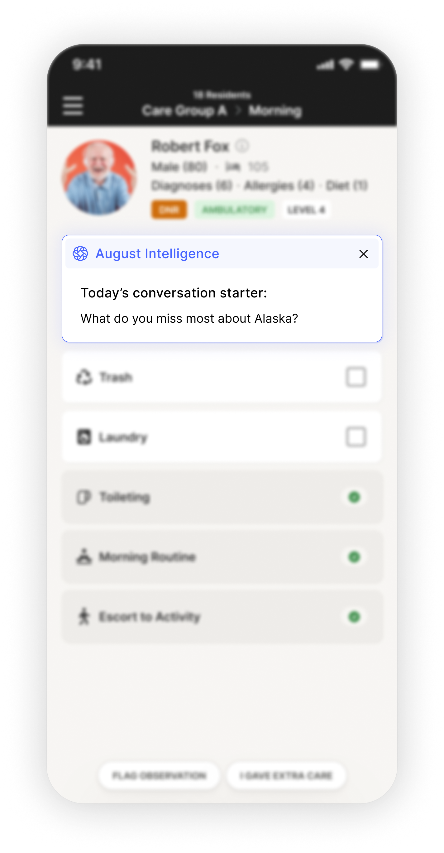 An image showing Care Track in August Health on a mobile device, showing contextualized AI-generated conversation starters for the caregiver.