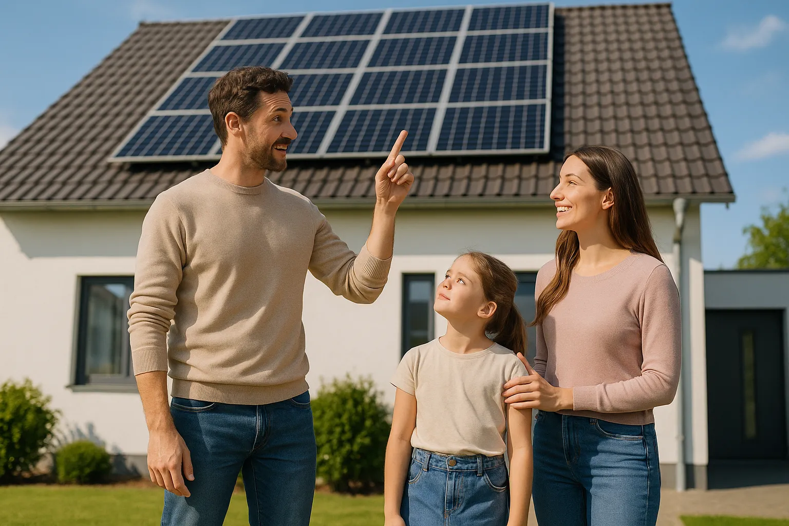 Eine junge Familie steht vor ihrem Einfamilienhaus mit installierter Photovoltaikanlage und genießt die Sonne – Symbol für Unabhängigkeit und persönliche Solarberatung durch Grünert Energy.