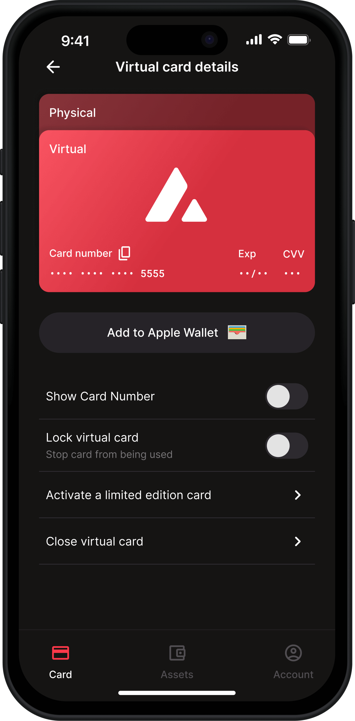 Mobile screenshot showing the "Virtual card details" screen on the Avalanche Card app, which gives options to show full card number, lock virtual card, add to Apple Wallet, and more