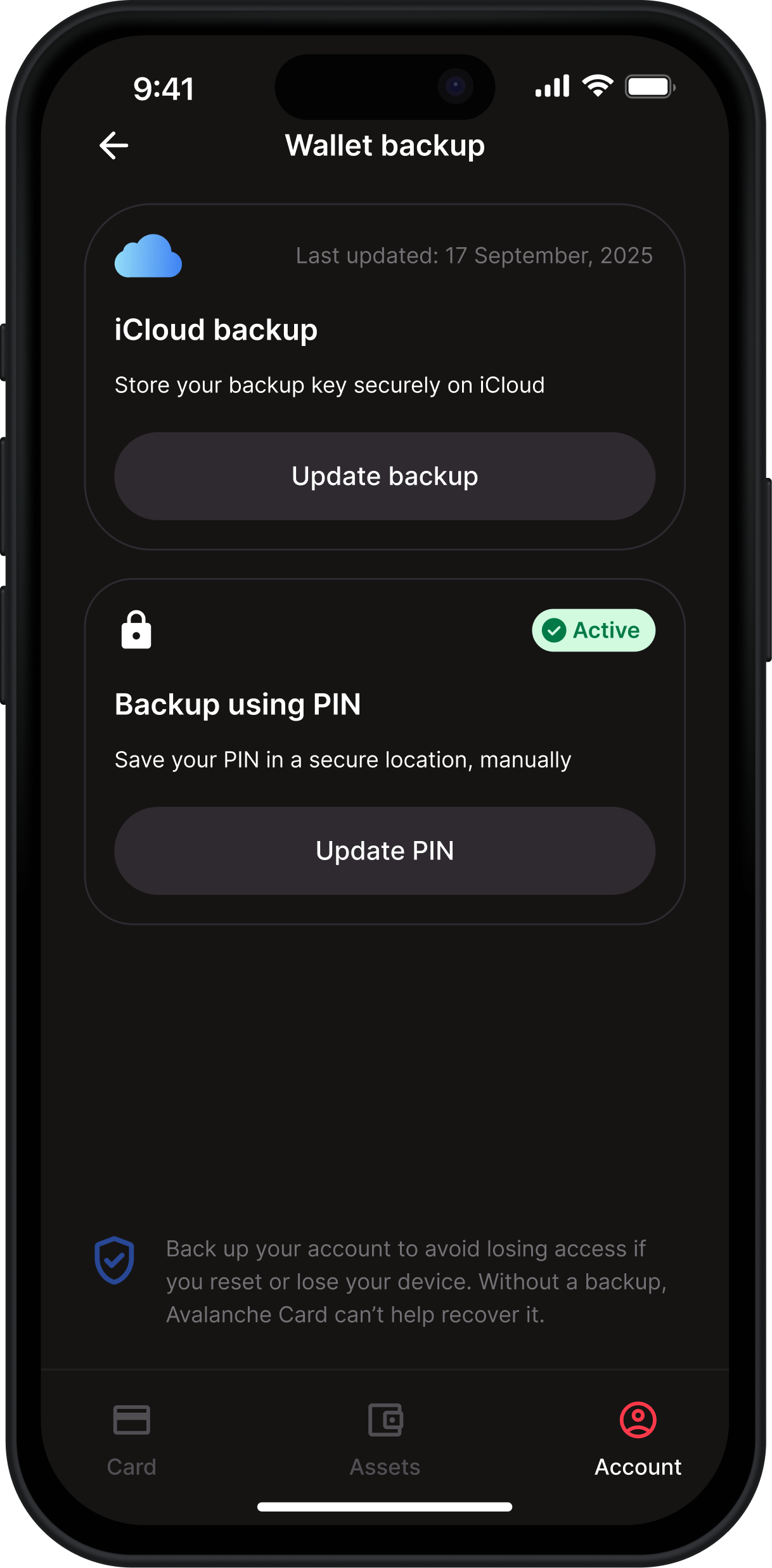 Mobile screenshot of Avalanche App showing wallet backup options, including storing a backup key securely on iCloud or using a PIN