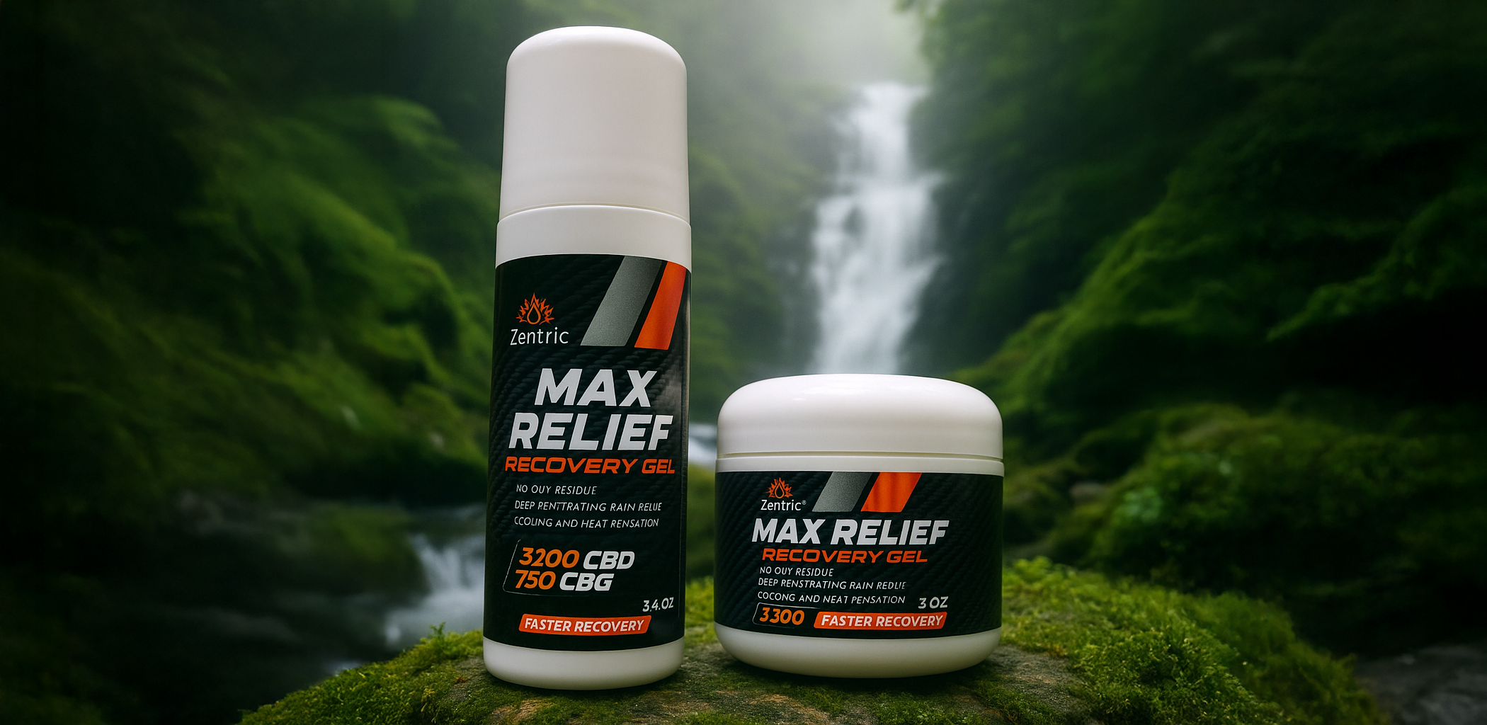 Zentric Max Relief Recovery Gel jar and roll-on