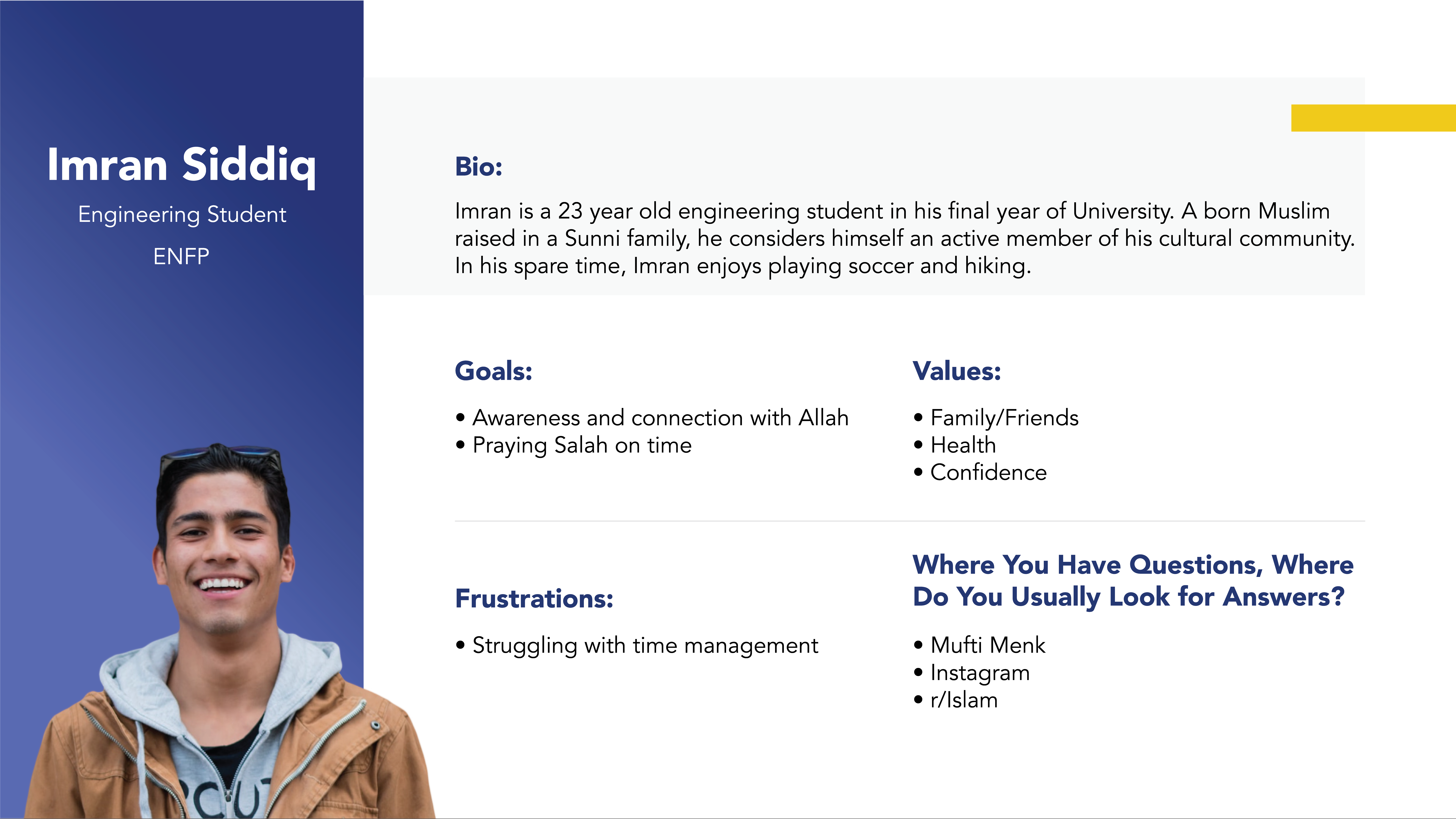 Persona of a potential user. Includes a bio as well as goals, values, and frustrations.