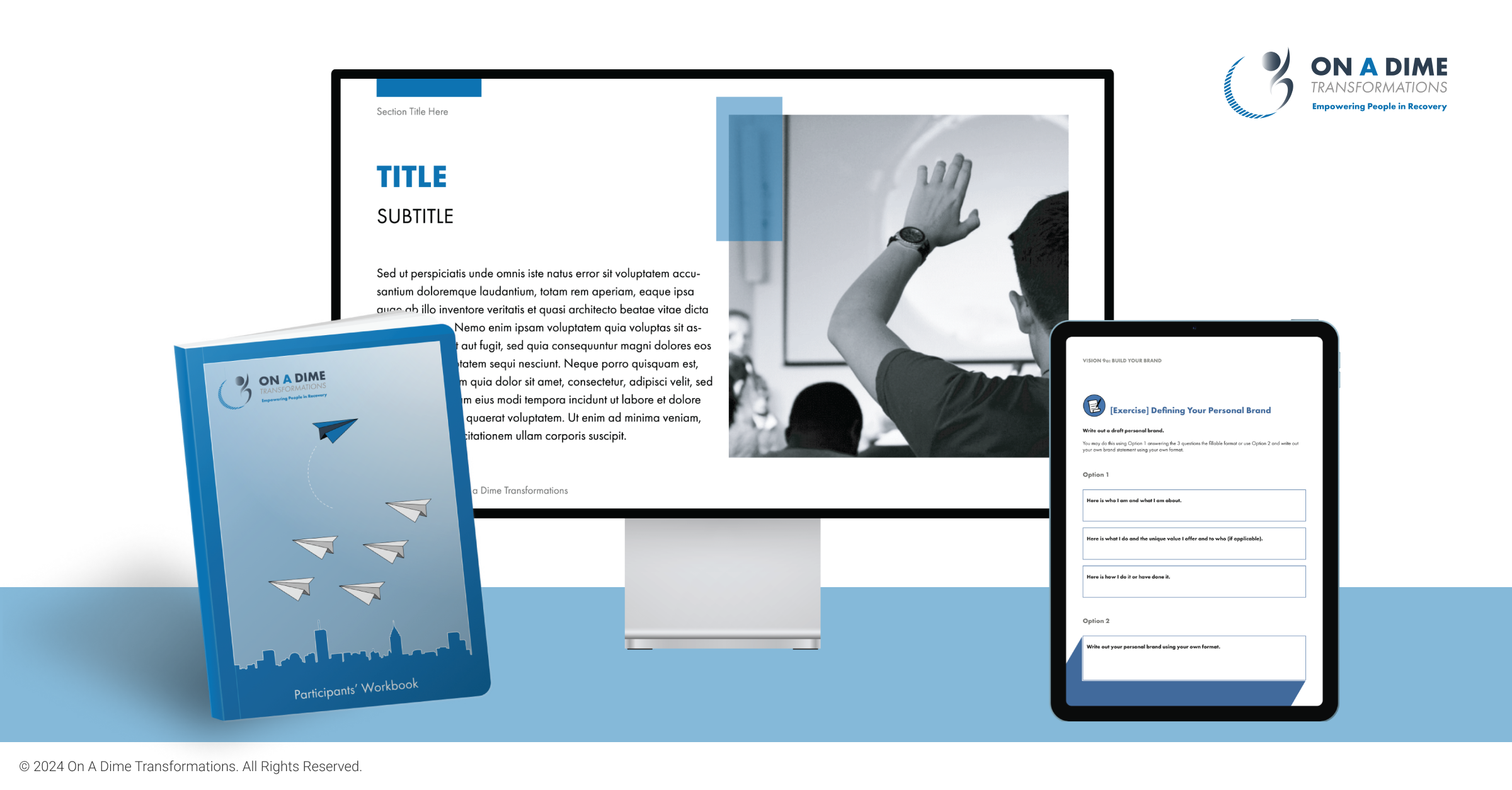 On A Dime's career discovery program shown in its physical form, as well as on desktop and mobile