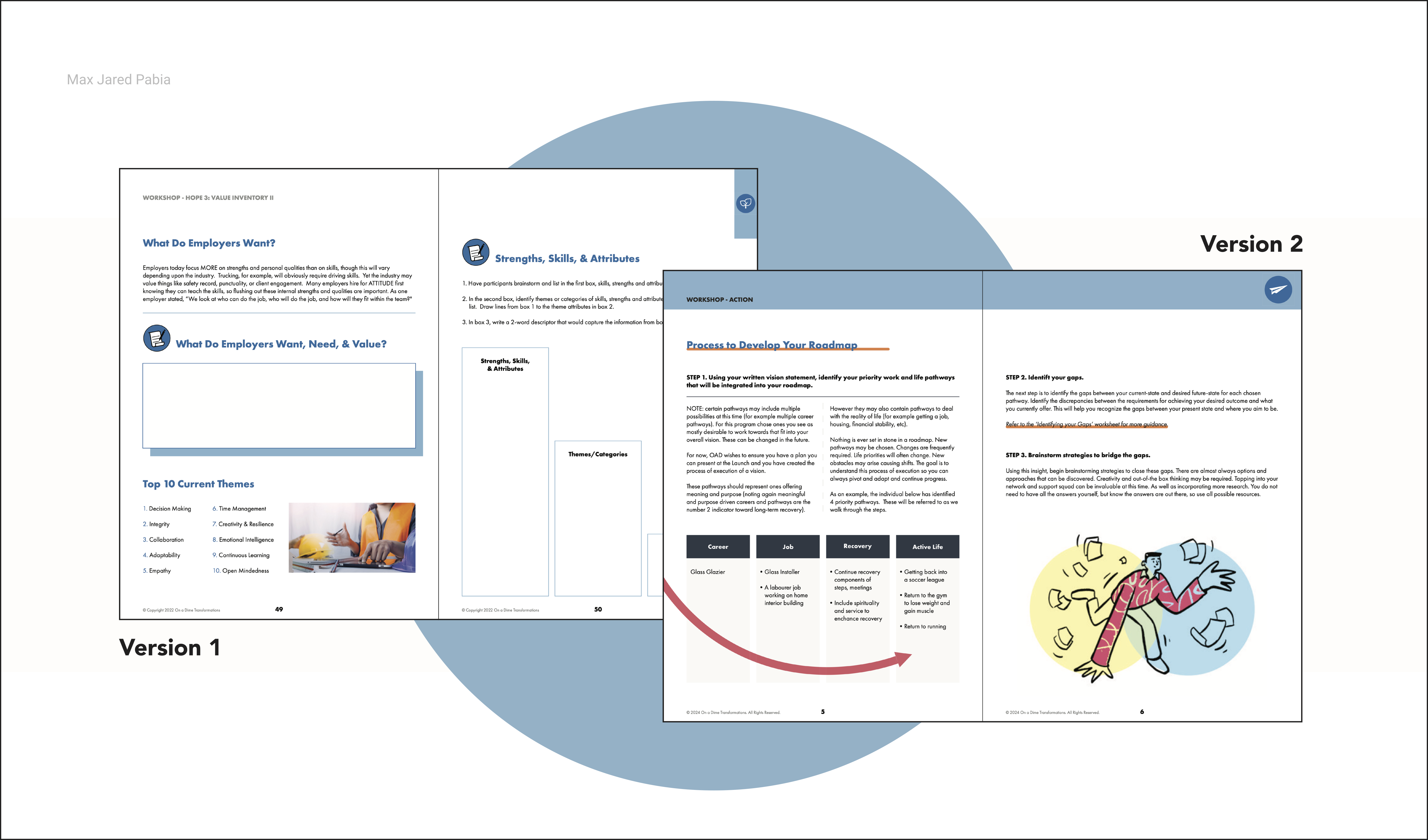Comparing a spread from the first version of the book to one from the current iteration