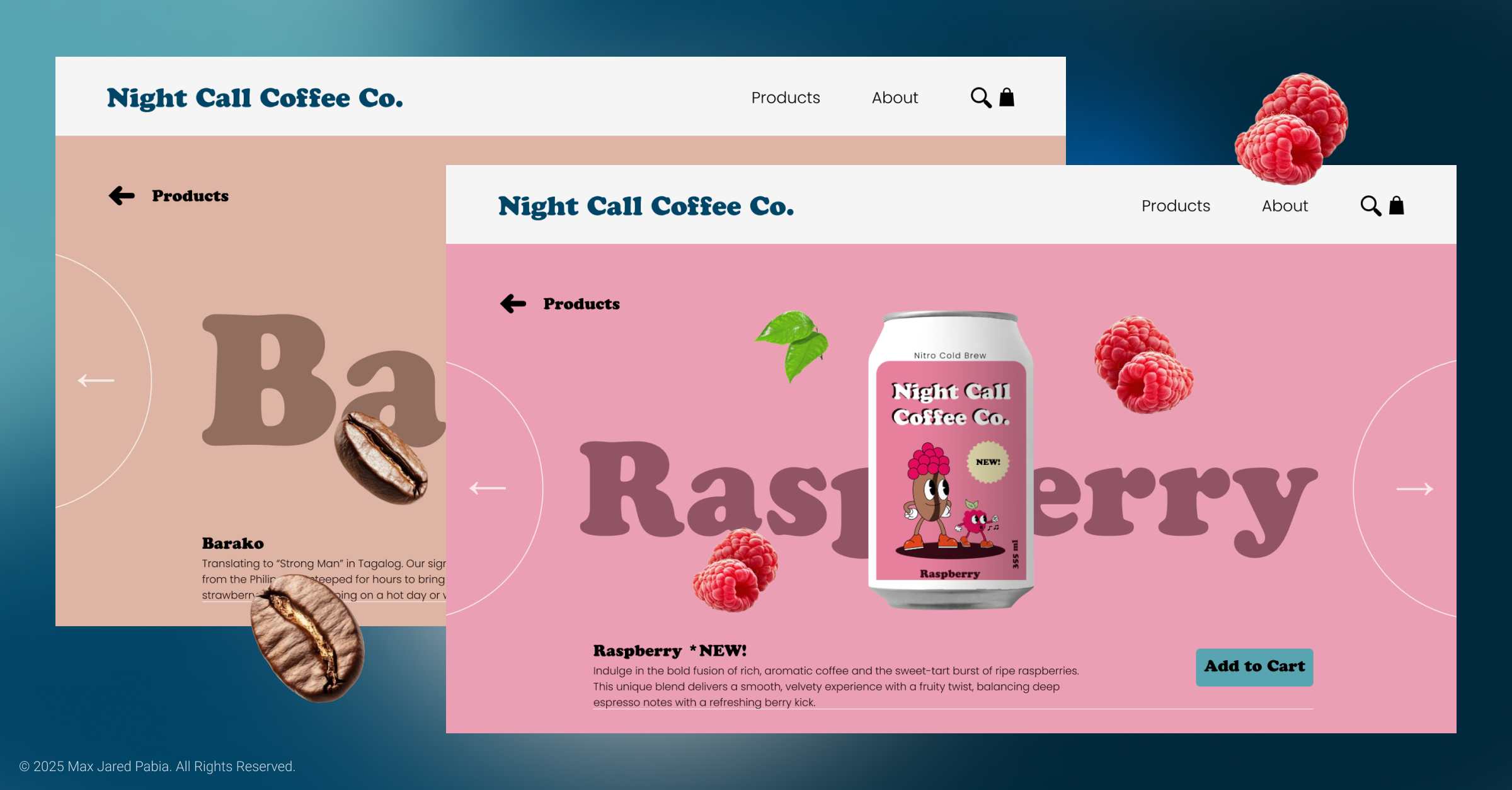 More screenshots of the Night Call Coffee website.