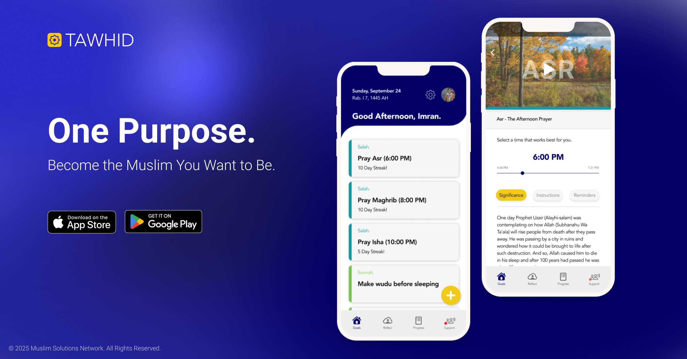 Marketing graphic for Tawhid App; showcasing some screenshots, the tagline "One Purpose", and where you can download it