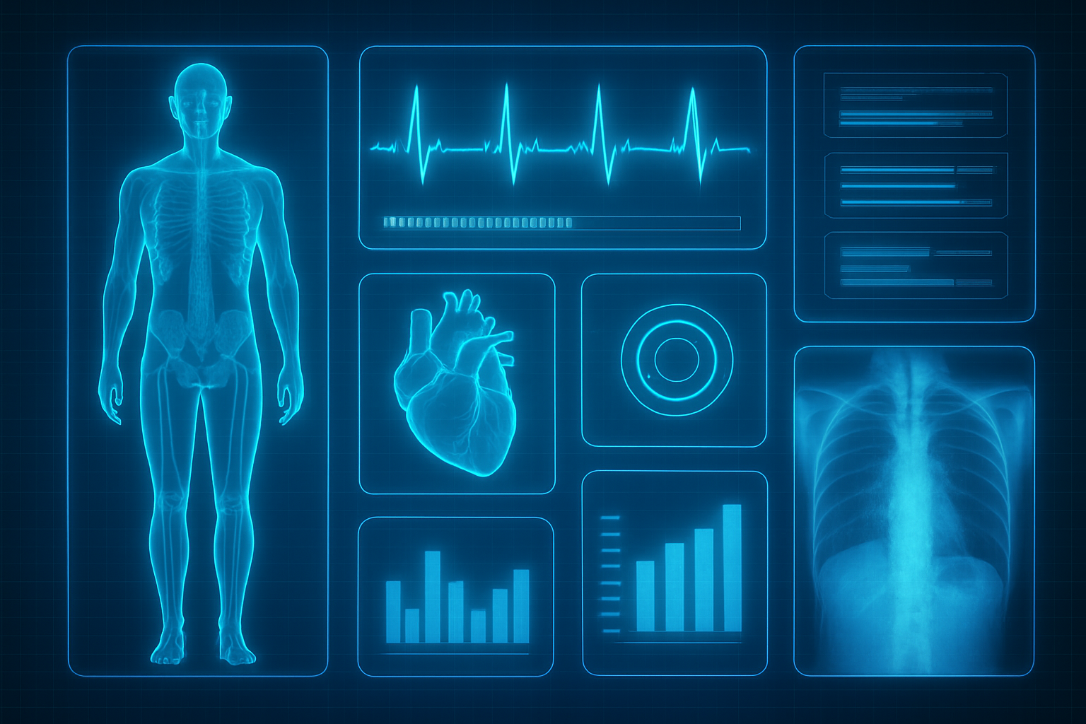 A futuristic blue holographic medical dashboard displaying a full-body anatomical scan, ECG waveform, and 3D heart model.