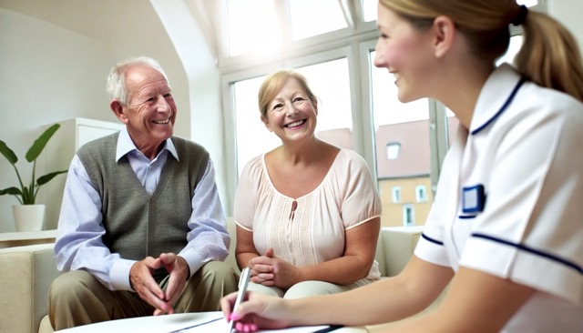 Smiling elderly couple consulting with a nurse in a bright room with large windows.