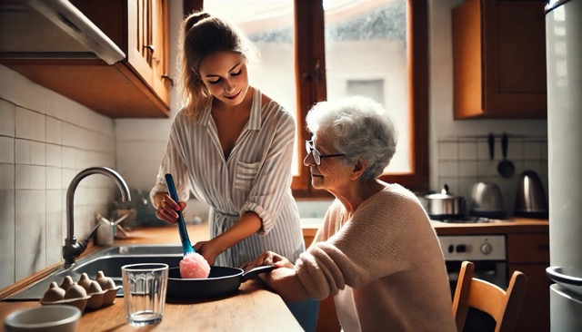 Young woman cooking with an elderly woman seated at a kitchen counter in a cozy kitchen.