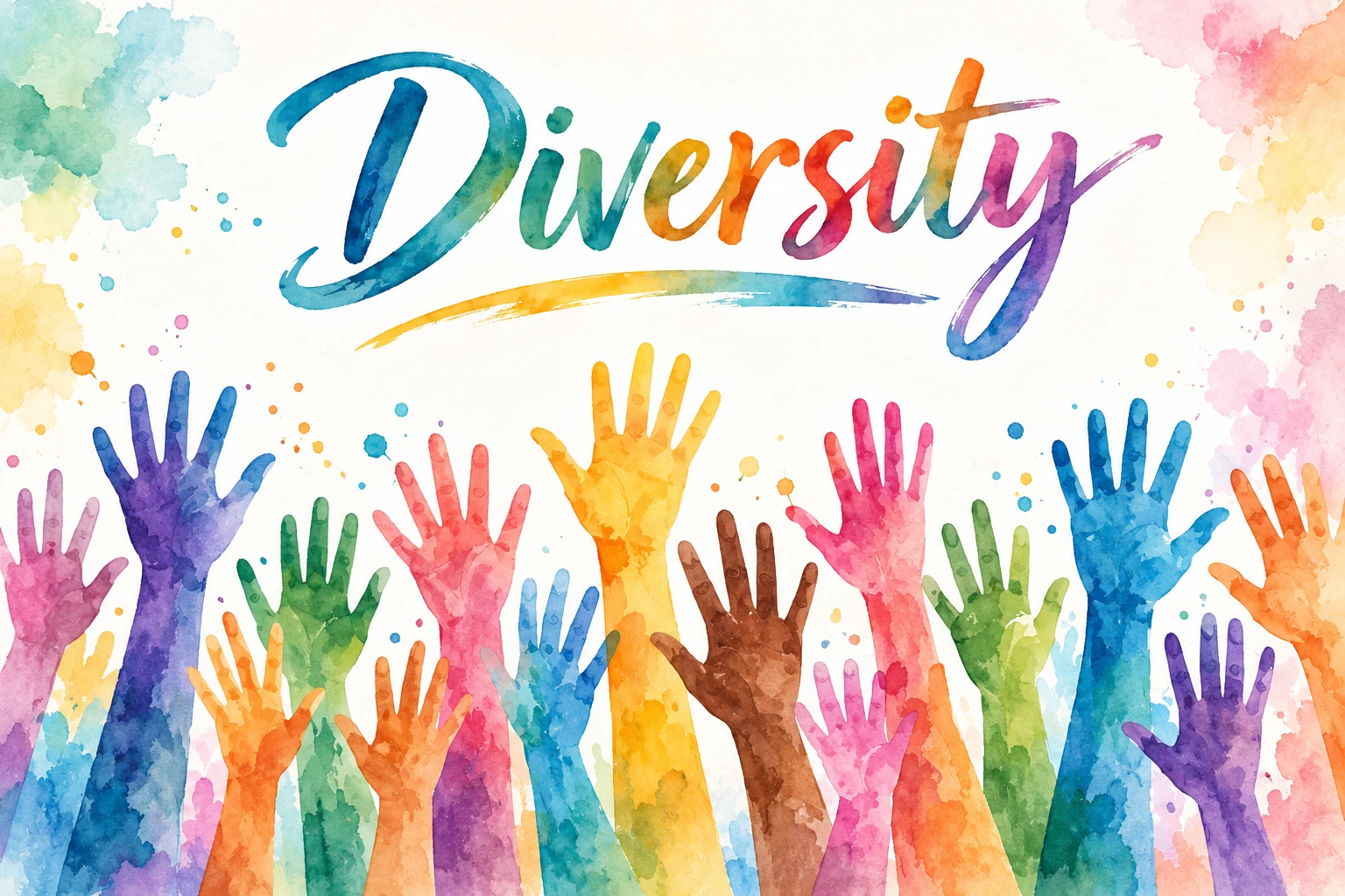 Aquarell-Illustration: viele bunte, erhobene Hände unter dem Schriftzug „Diversity“