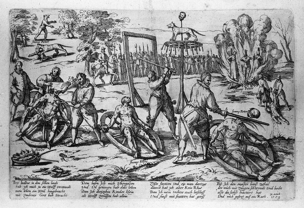 Supplice brutal de Peter Stumpp, roue et bûcher face à la foule horrifiée.
