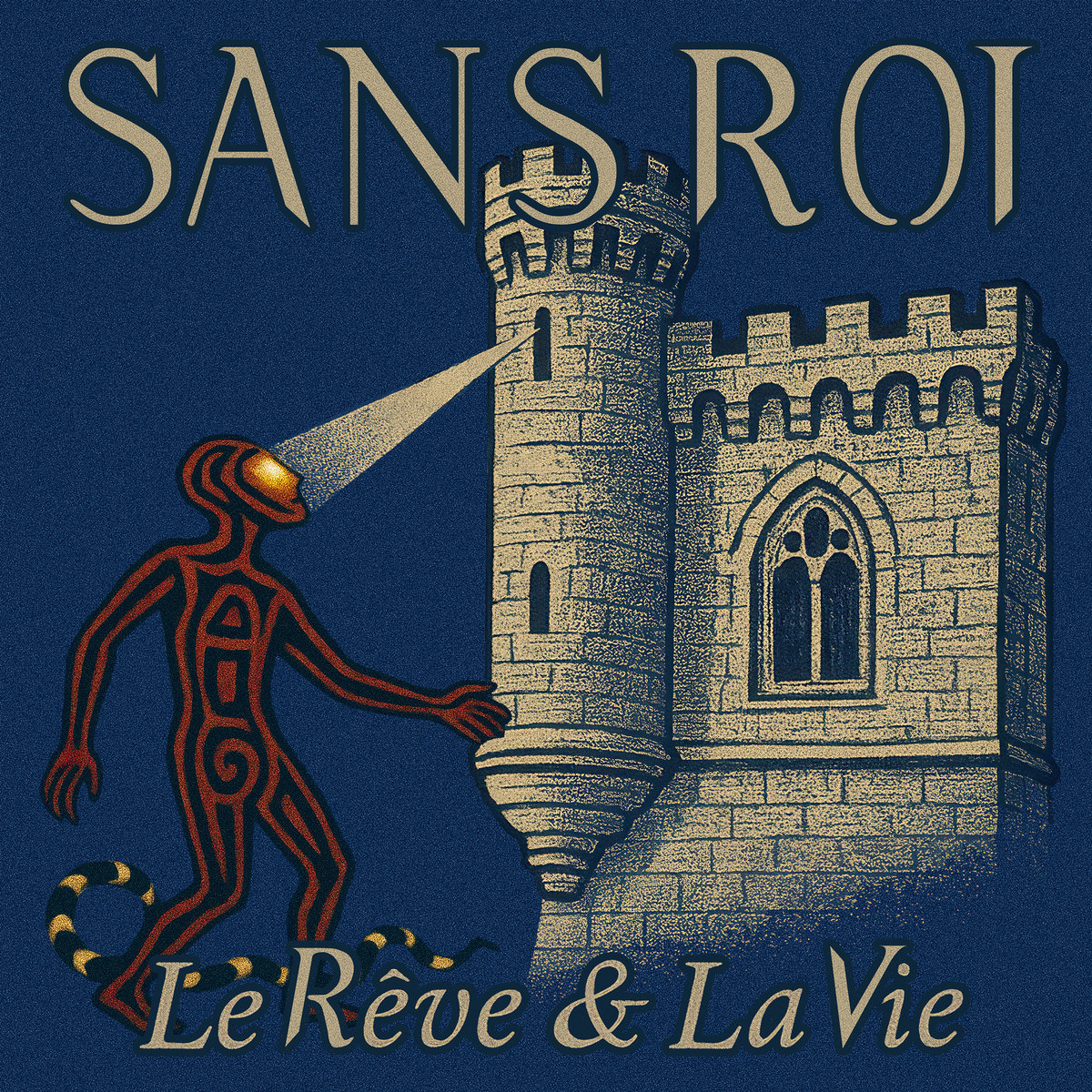 Illustration d’un humanoïde rouge stylisé faisant face à une tour médiévale éclairée,  pochette de “SANS ROI – Le Rêve & La Vie”.