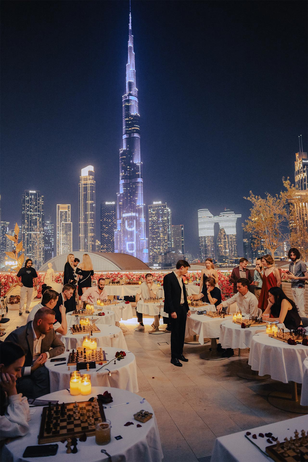 FERZ chess night on a rooftop facing Burj Khalifa, Dubai