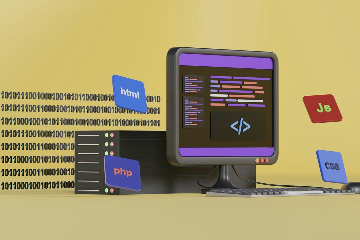 a computer screen with a keyboard and a box with a logo