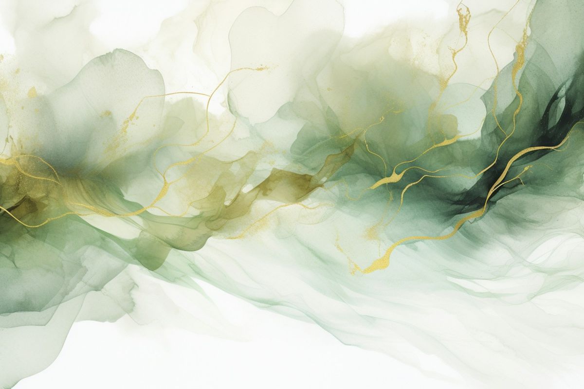 a painting of green and yellow flowers on a white background