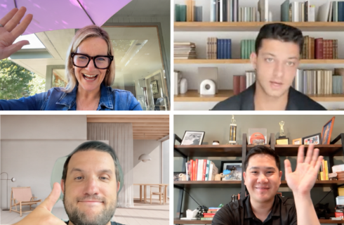 Four Opsin team members appearing in a video call grid, each in their own distinct indoor setting; the top left woman with glasses waves and smiles, the top right man in front of a bookshelf looks ahead, the bottom left man gives a thumbs up, and the bottom right man waves with a smiling expression.