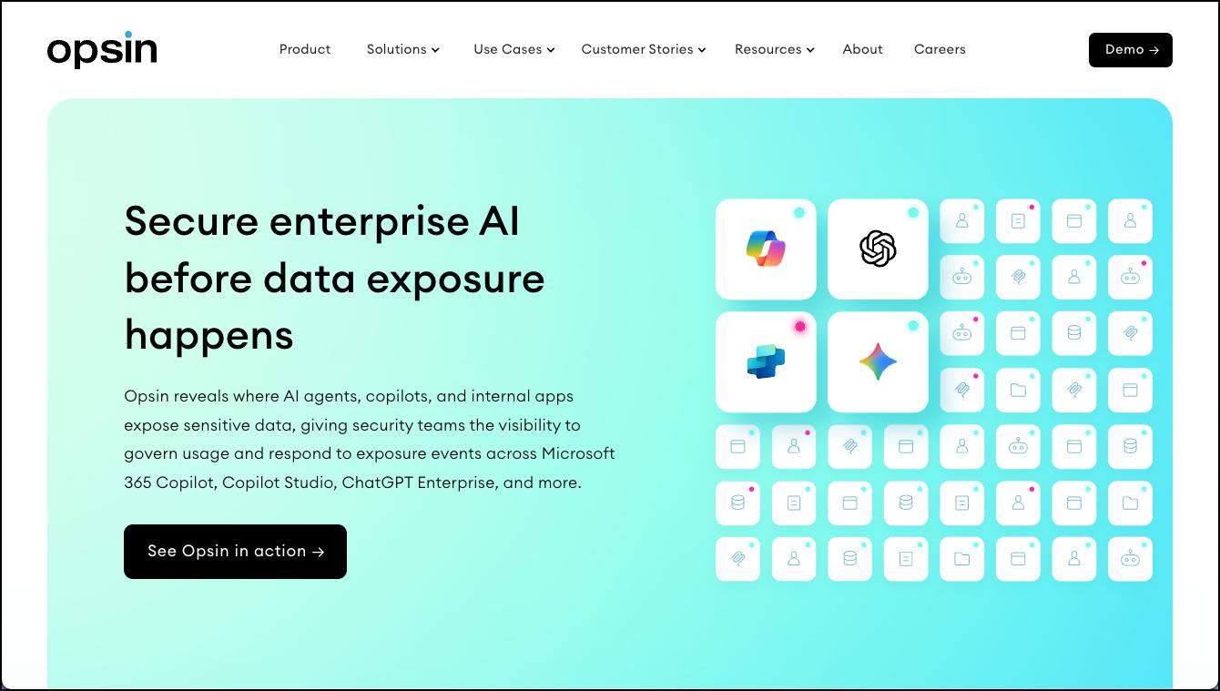 Secure enterprise AI landing page for Opsin, highlighting data exposure prevention across AI agents, copilots, and enterprise apps.