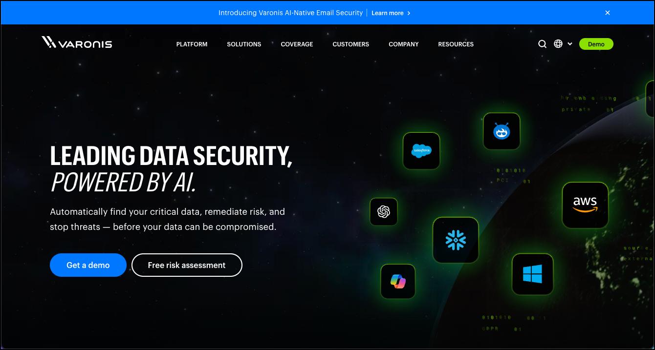 Varonis homepage highlighting AI-powered data security, with cloud app icons, dark space-themed design, and calls to get a demo or risk assessment.