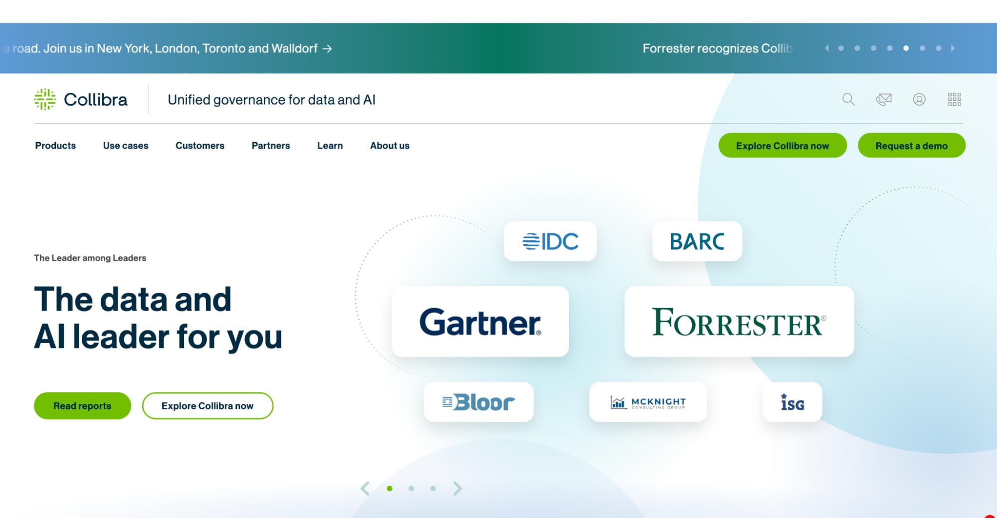 Collibra homepage highlighting unified data and AI governance, with analyst logos and calls to explore the platform or request a demo.