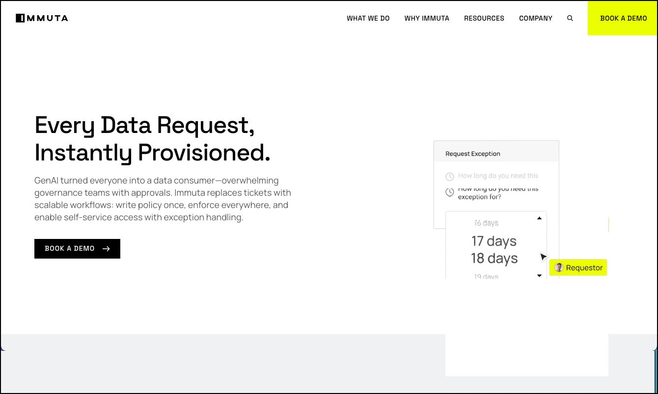 Immuta homepage highlighting instant data access provisioning, policy-based governance, and a call to book a demo.