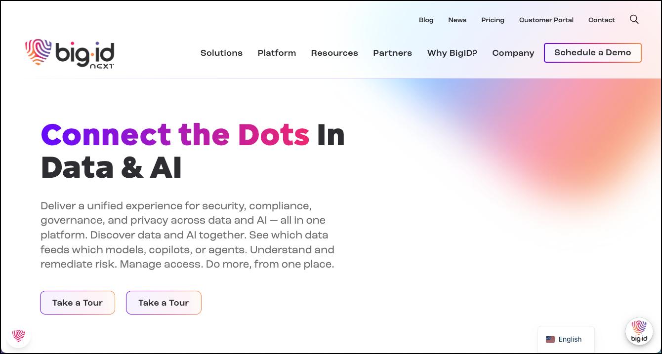 BigID Next homepage promoting unified data and AI security, governance, and privacy, with “Connect the Dots in Data & AI” headline and demo CTA.