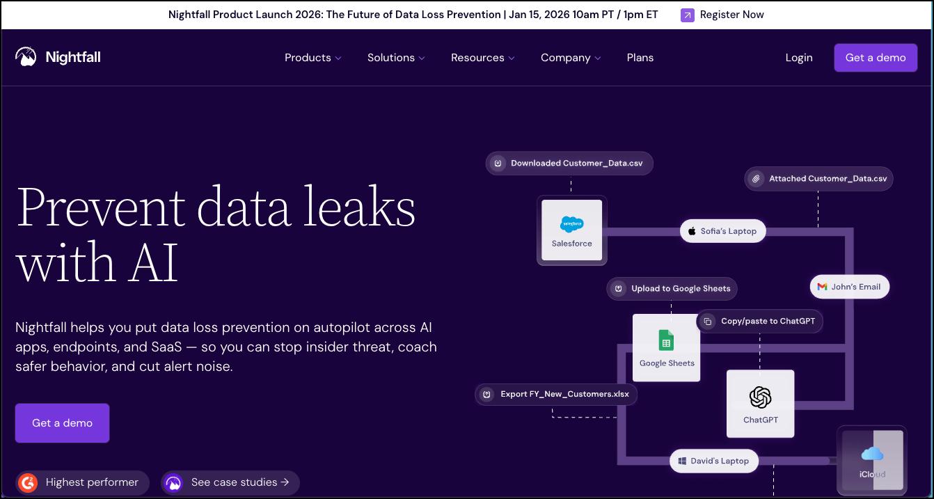 Nightfall homepage promoting AI-powered data loss prevention, showing data flows across apps like Salesforce, Google Sheets, and ChatGPT.