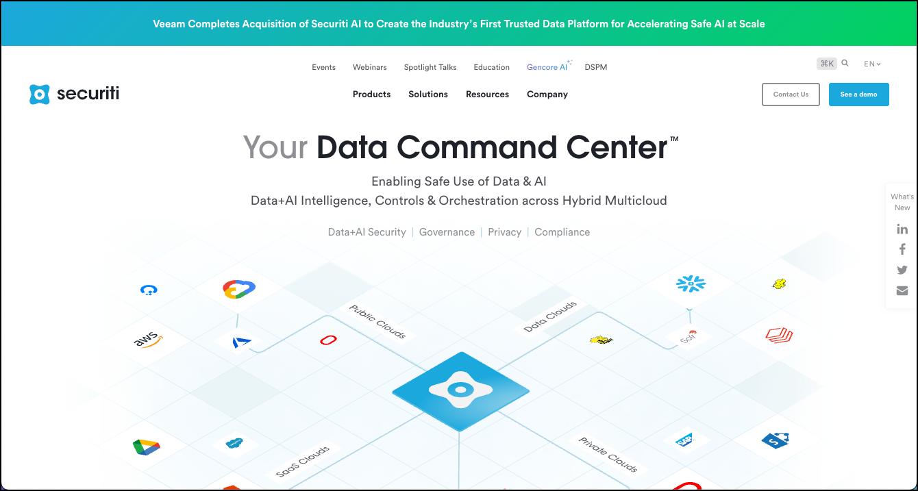 Securiti homepage presenting a data command center for safe data and AI use, with hybrid multicloud integrations and governance features.