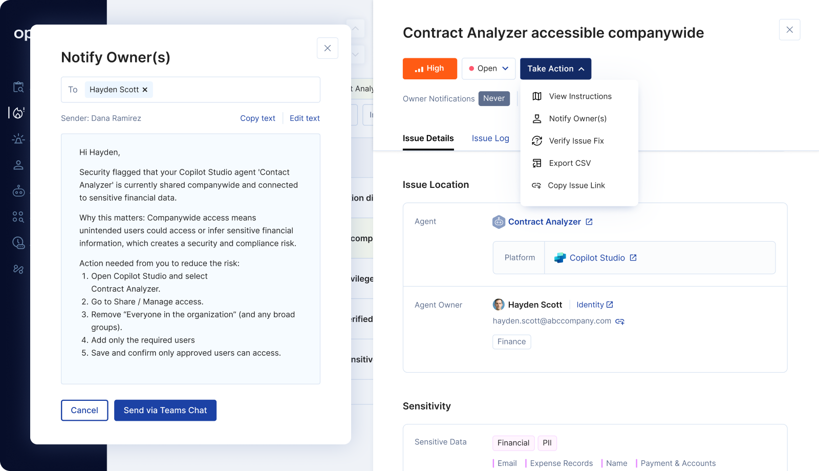 Opsin remediation workflow showing a notify-owner message for a high-risk Contract Analyzer agent shared companywide, with guided fix steps.