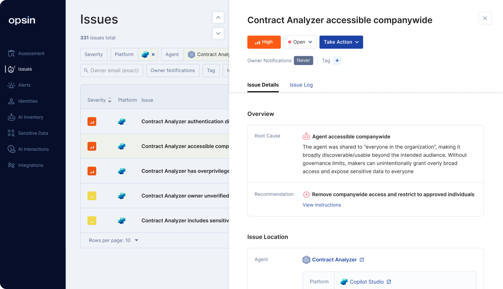 Opsin Issues view showing a high-severity alert for a Contract Analyzer agent shared companywide, with root cause, risk details, and remediation guidance.