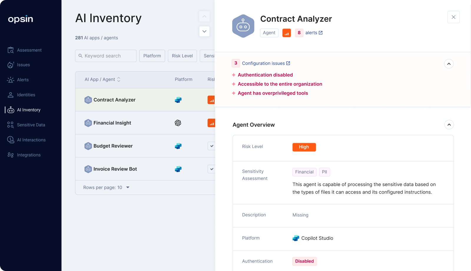 Opsin AI Inventory showing Contract Analyzer agent details with high risk level, financial and PII sensitivity, and alerts for authentication and access issues.
