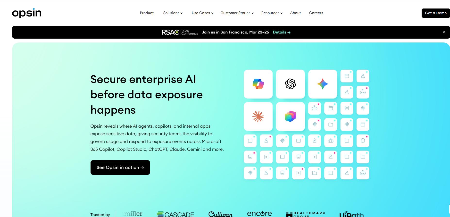 Secure enterprise AI platform dashboard showing integrations and data exposure monitoring across tools like ChatGPT, Copilot, and Gemini