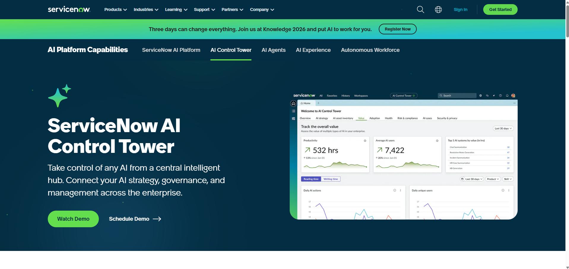 ServiceNow AI Control Tower dashboard showing enterprise AI monitoring, usage analytics, and centralized governance interface