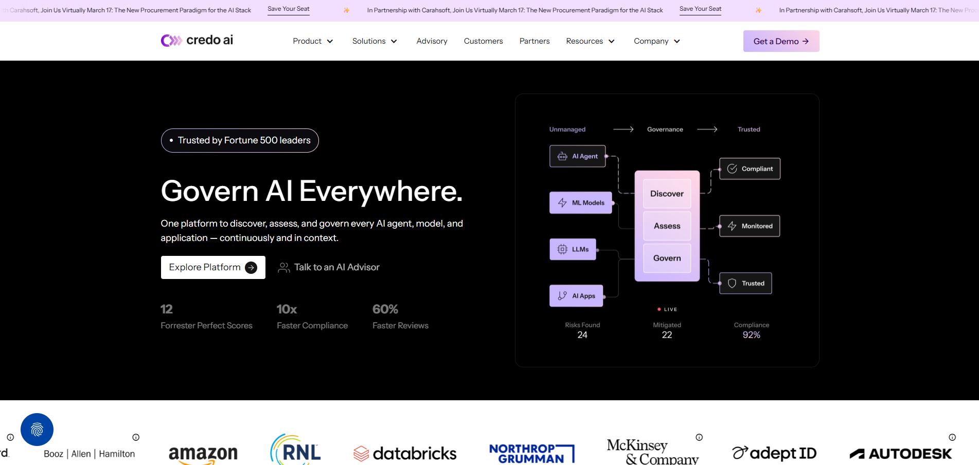 Credo AI platform interface showing AI governance workflow with discovery, assessment, and compliance monitoring across models and applications