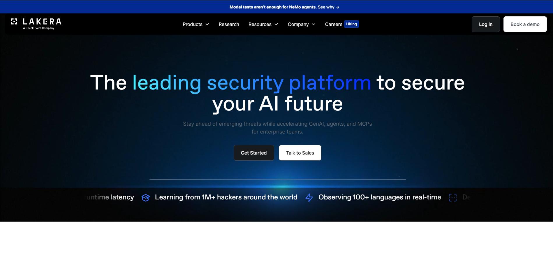 Lakera AI security platform homepage highlighting protection for GenAI, agents, and enterprise systems with real-time threat detection