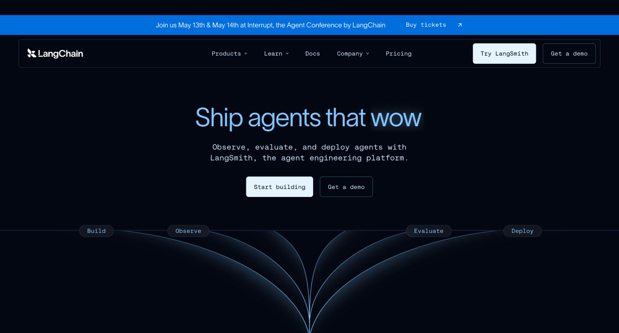 LangChain platform homepage promoting LangSmith for building, evaluating, and deploying AI agents with developer tools