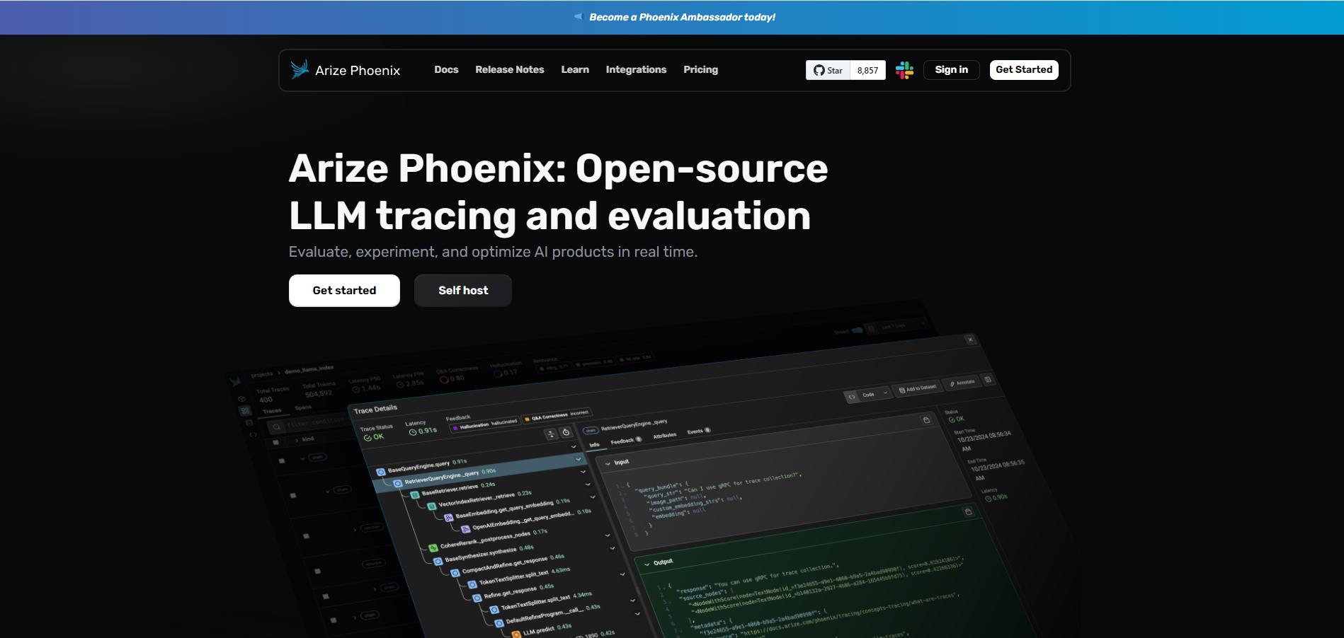 Arize Phoenix interface showing open-source LLM tracing and evaluation platform with real-time monitoring and debugging dashboard
