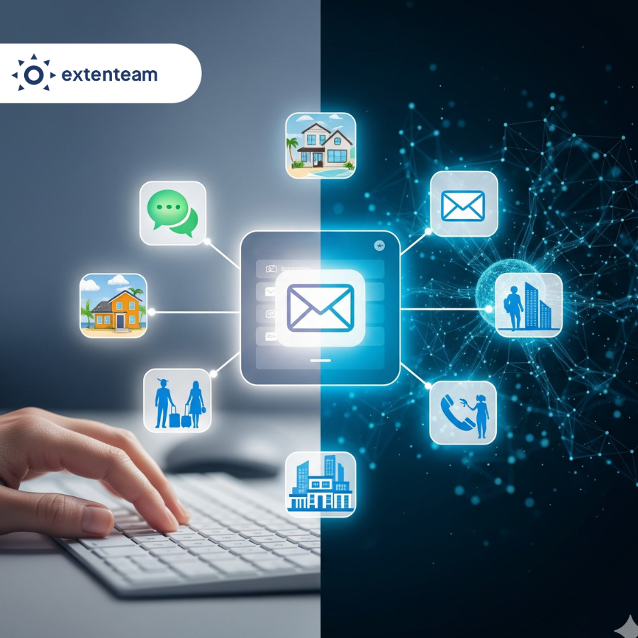 Tailwind by Extenteam platform illustration showing 24/7 guest communication and vacation rental management support